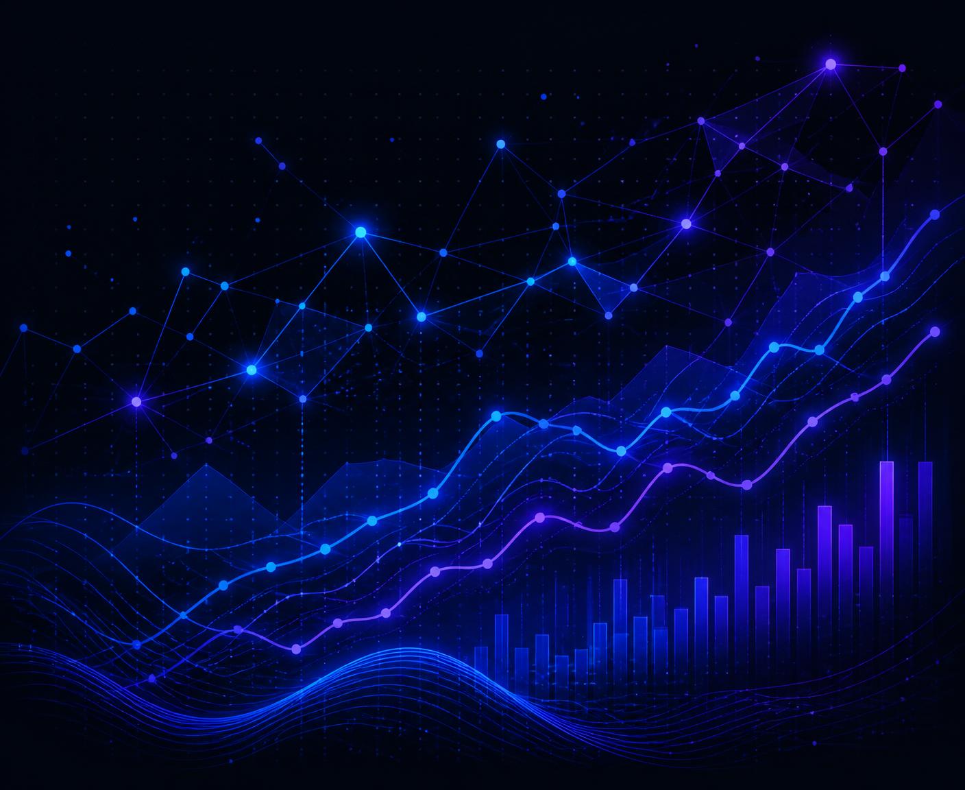 Abstract data visualization of connected nodes and trend lines